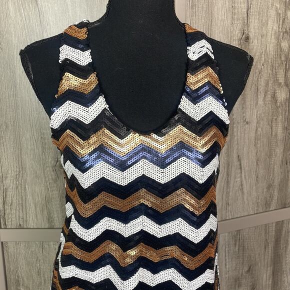 Francesca's Alya black/navy/gold/cream sequins bodycon dress women's L - Picture 3 of 13